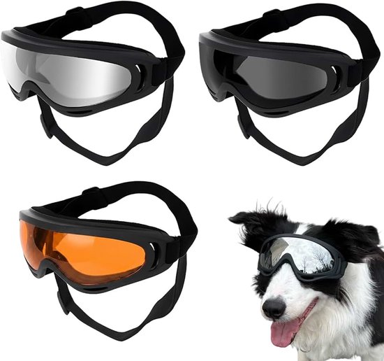 Zonnebrillen zilver, zwart en bruin, verstelbare hondenbril met PC-lenzen, TPU-frame en zachte voering voor middelgrote en grote honden, outdoor en reizen