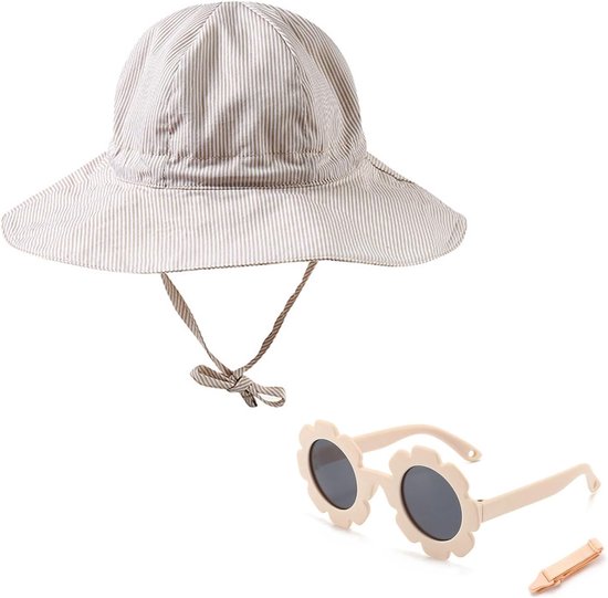 Zonnehoed en zonnebril set, UPF50+ zonbescherming, verstelbare hoed met bloemenzonnebril, voor strand, tuin, reizen en dagelijks gebruik, (Beige gestreept, melkwit, 0-2 jaar)
