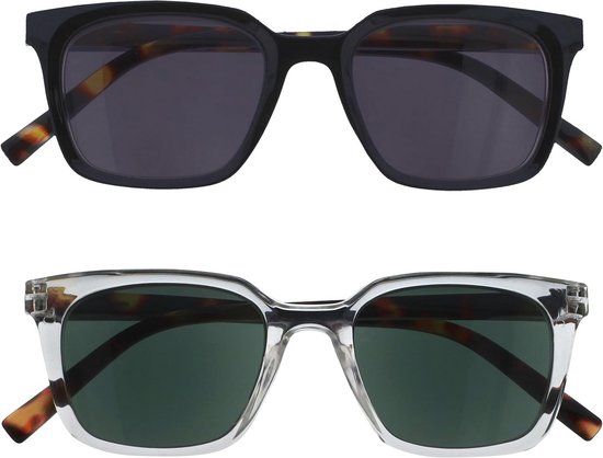Zonneleesbrillen 2-Pack - Groot Rechthoekig Montuur - Getinte UV400 Lens - Zwart-Helder - Heren Dames - Veerscharnieren +1.00 van Merkloos