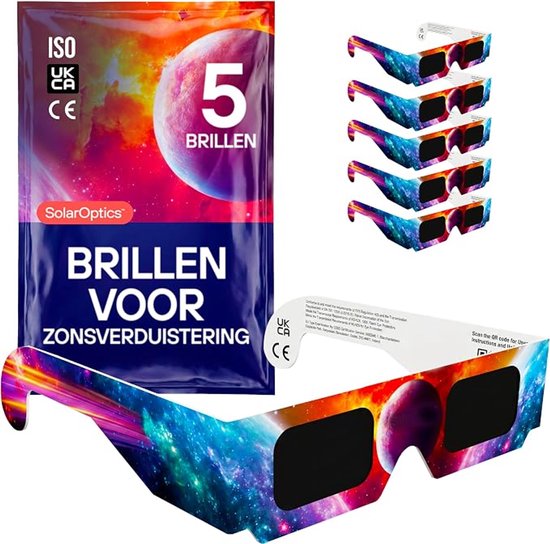 Zonsverduisteringsbrillen 5 Stuks ISO 12312-2 Gecertificeerd CE en UKCA Veilig Voor Zonsverduistering Zon Observatie UV Bescherming