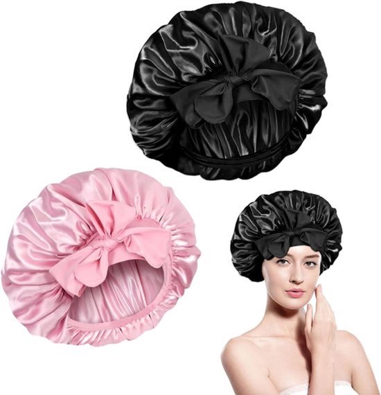Zwart roze haarbonnets voor vrouwen - Set van 2Satijnen en zijden bonnet om te slapen - Verstelbaar en geschikt voor krullend haar van Merkloos
