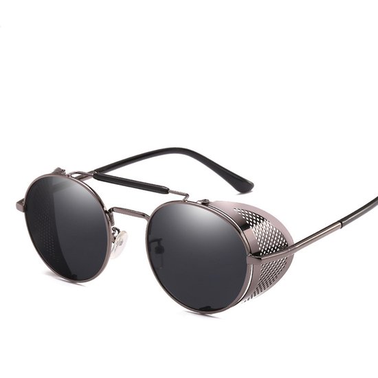Zwarte en grijze lenzen met pistoolmontuur, steampunk-retrostijl, zonnebril voor dames en heren, UV400-bescherming, ronde bril, retro-gotische bril voor dames/heren van Merkloos